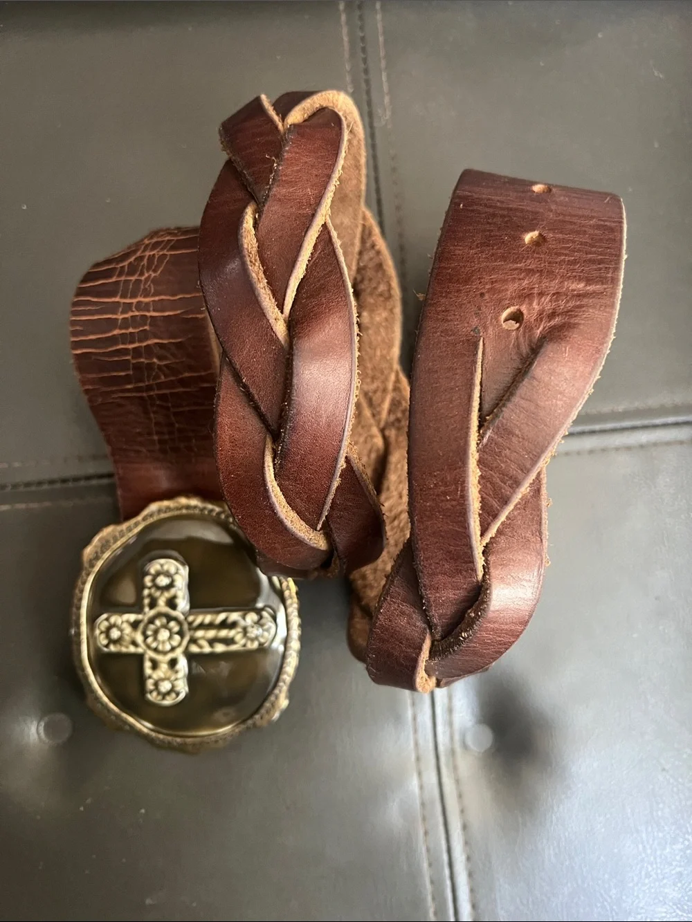 Lucky Brand Brown Braided Leather Belt with Enamel Floral Cross Buckle